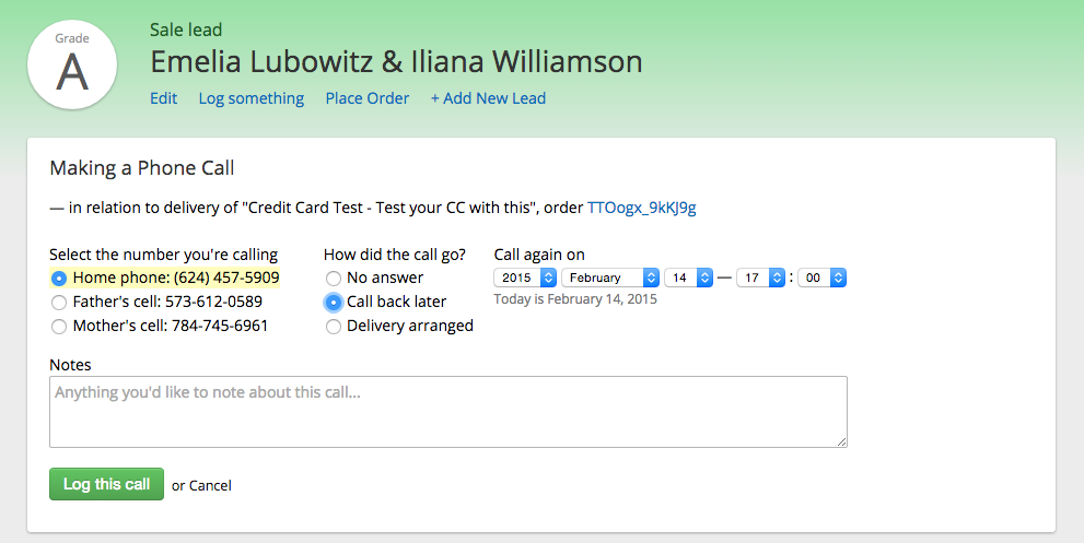 Logging a phone call with a lead. (Note: these screenshots do not contain any real client information. This data is randomly generated for the purpose of this presentation.)