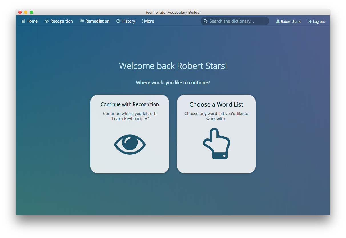 Home screen users see after login. It provides access to resume where the user left off and other quick links.