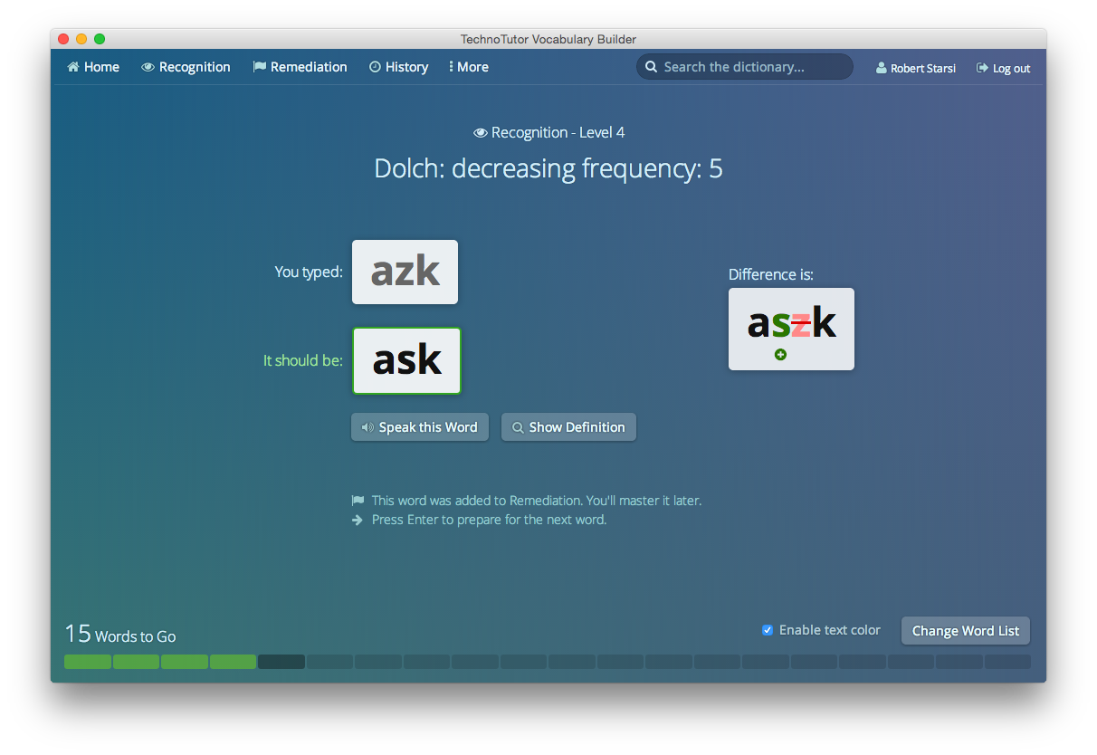Visual diffs on incorrect recognition of a word.