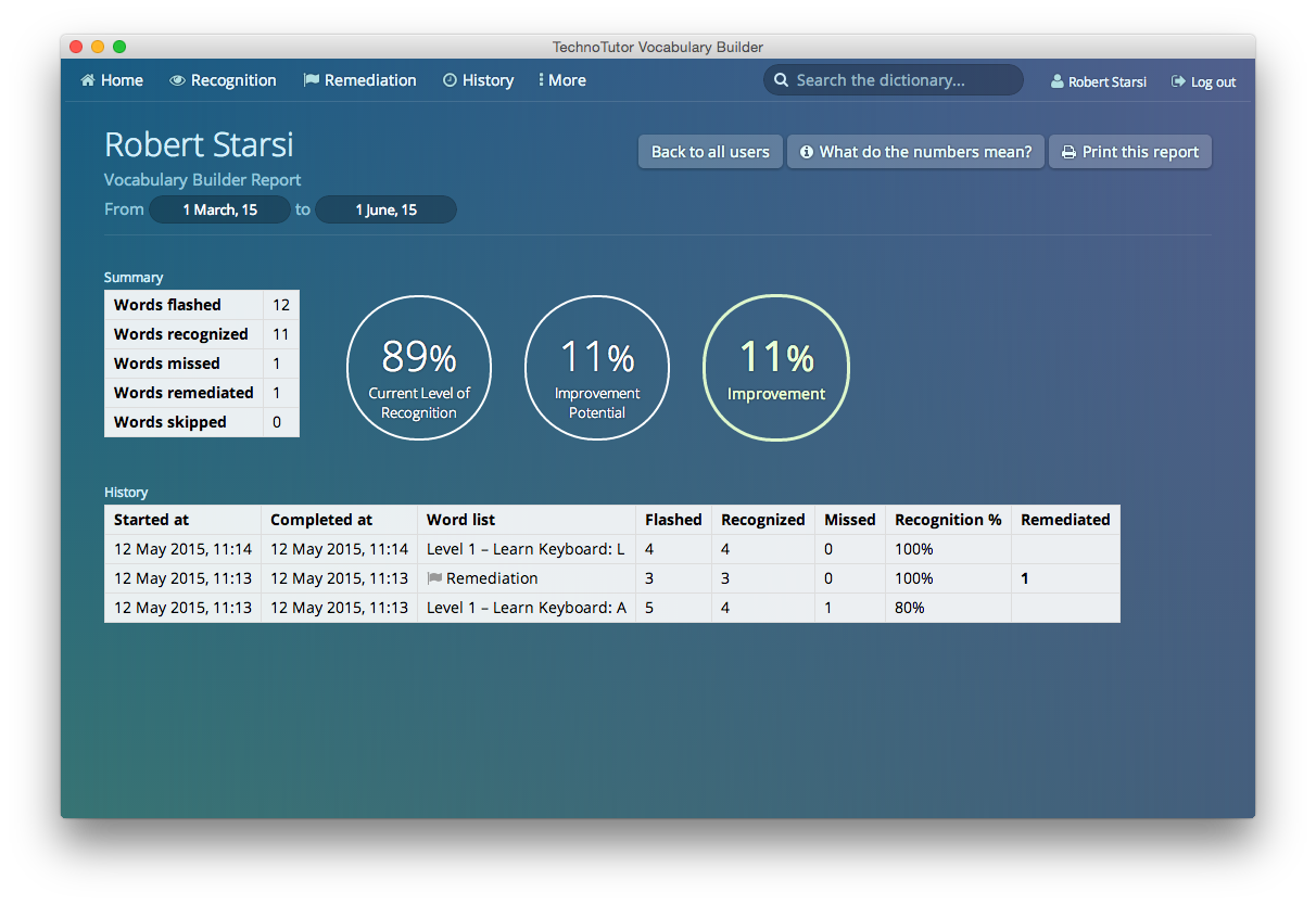 Detailed reports of user progress are available to both the current user as well as administrators.
