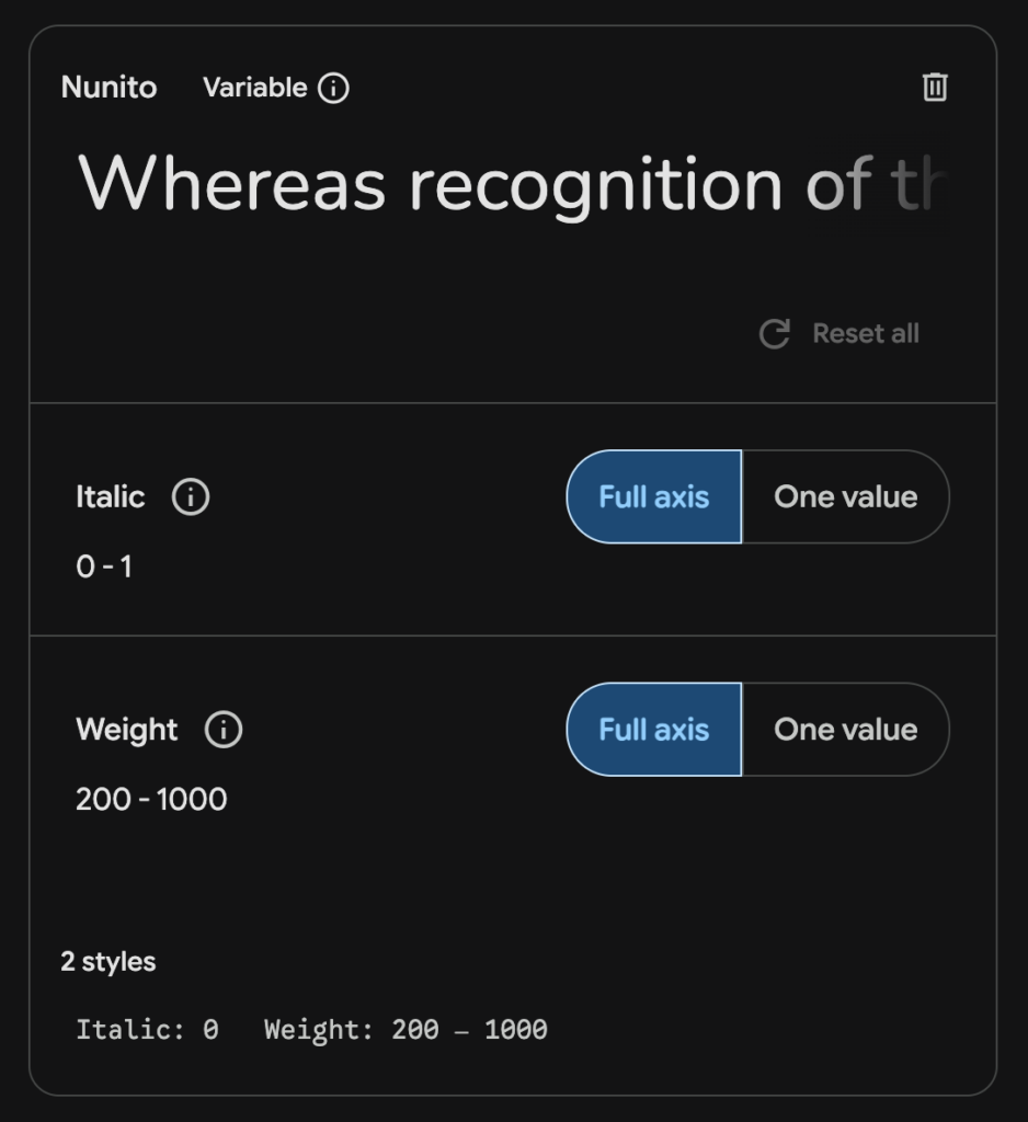 Default Google Fonts embed configuration for variable weight fonts.