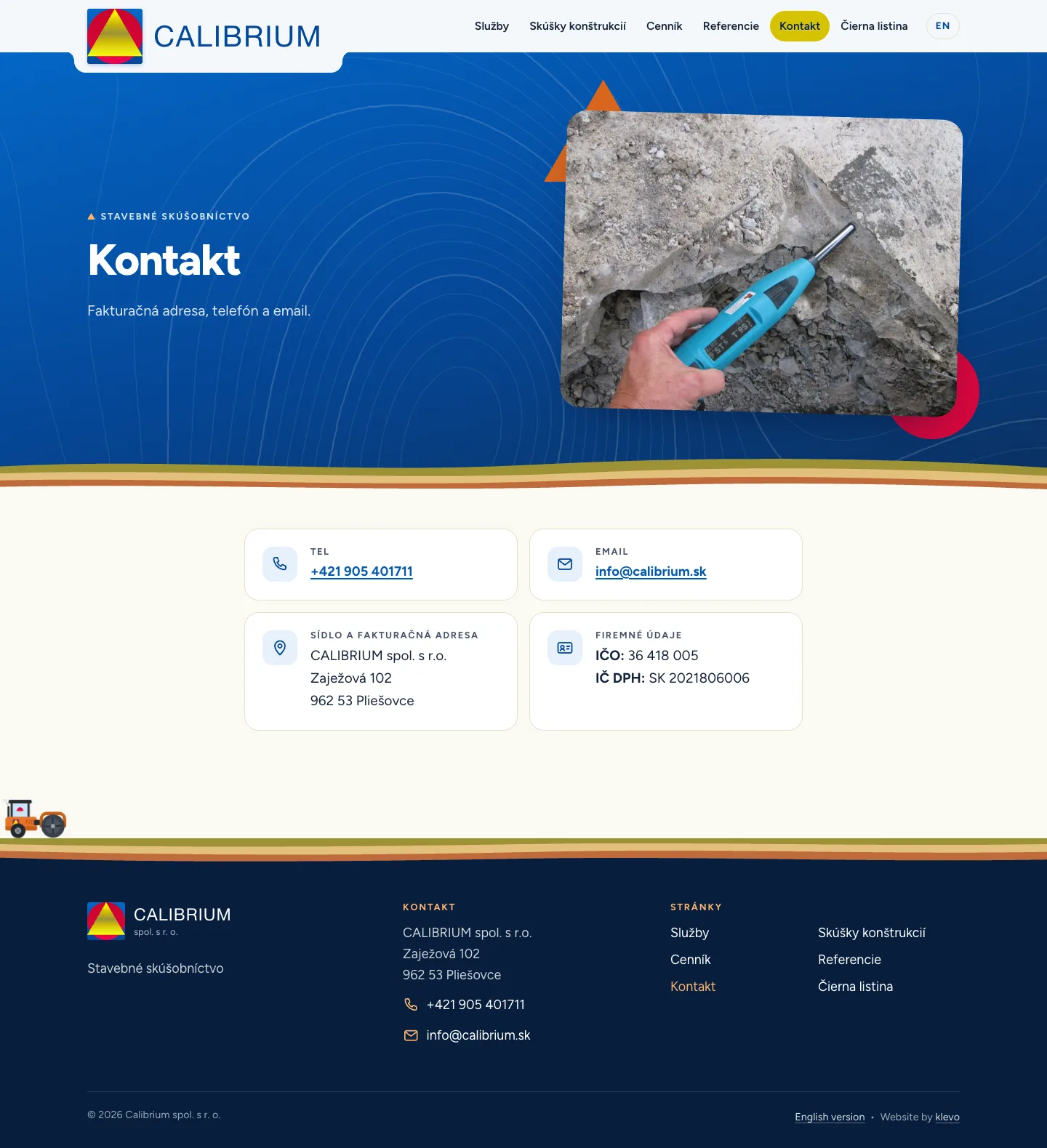 Contact page with phone, email, address and company ID cards and the dark footer