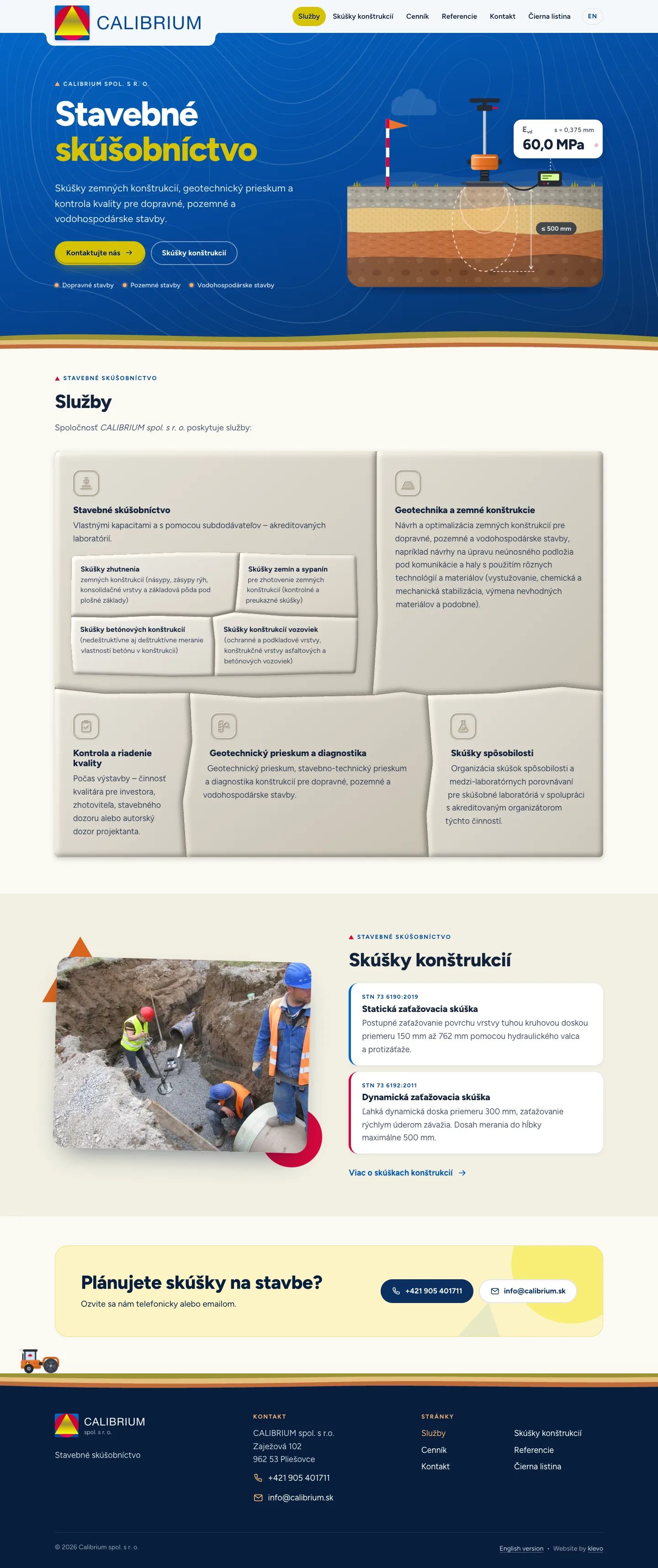 The complete Calibrium.sk homepage from hero to footer