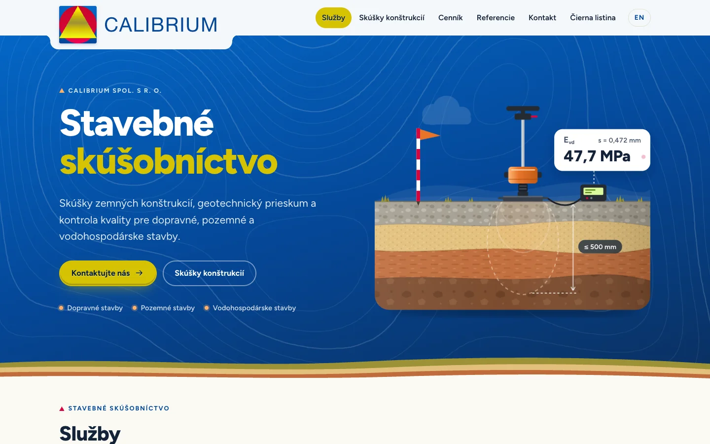 Calibrium.sk homepage with the animated light dynamic plate test in the hero