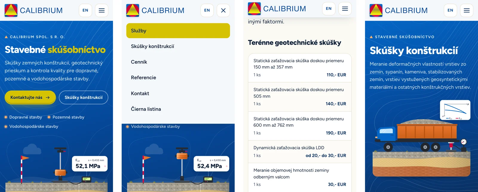 Four phone screens: homepage, open menu, pricing list and structural testing page