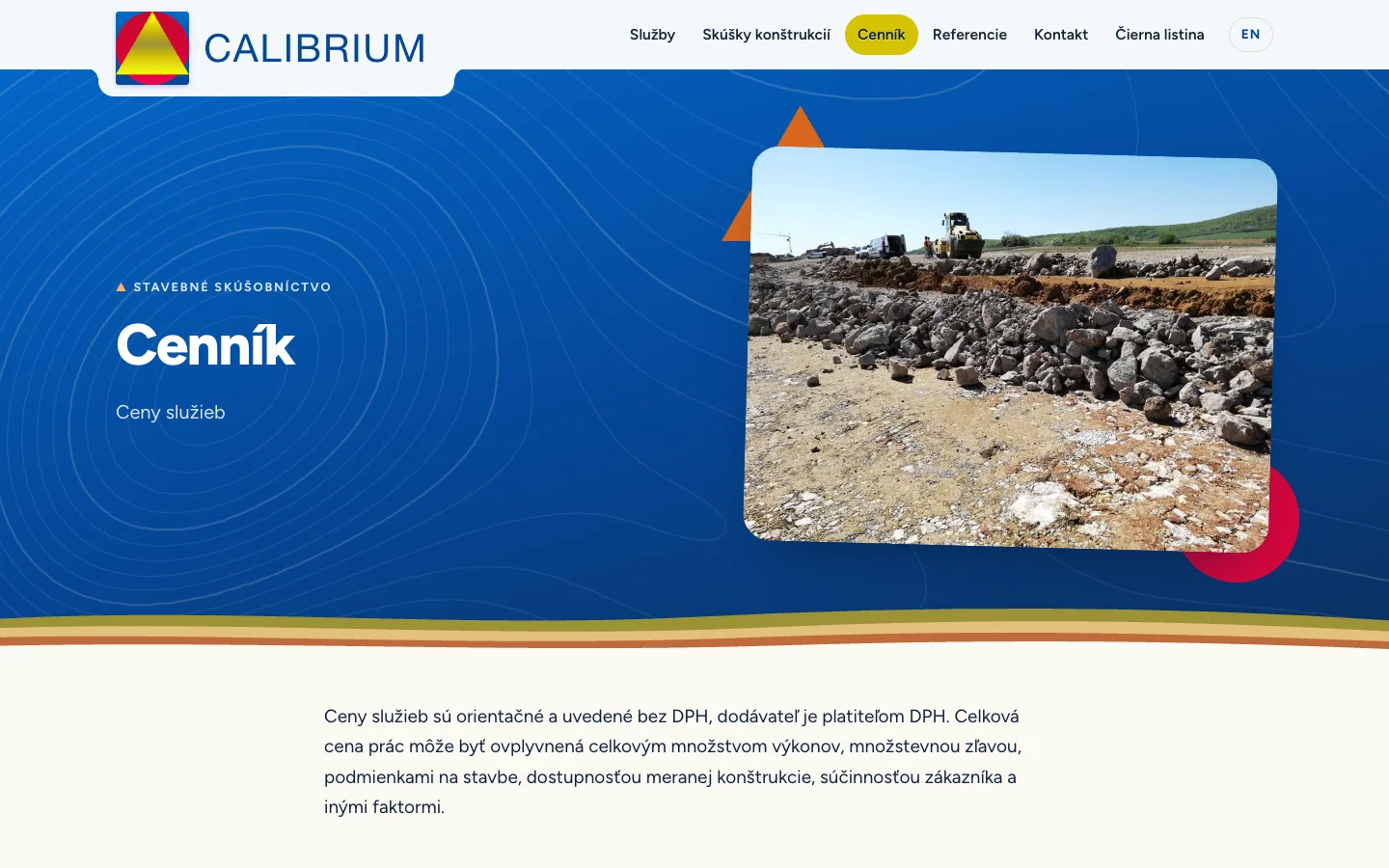 Pricing page hero with a construction site photo, contour lines and soil strata