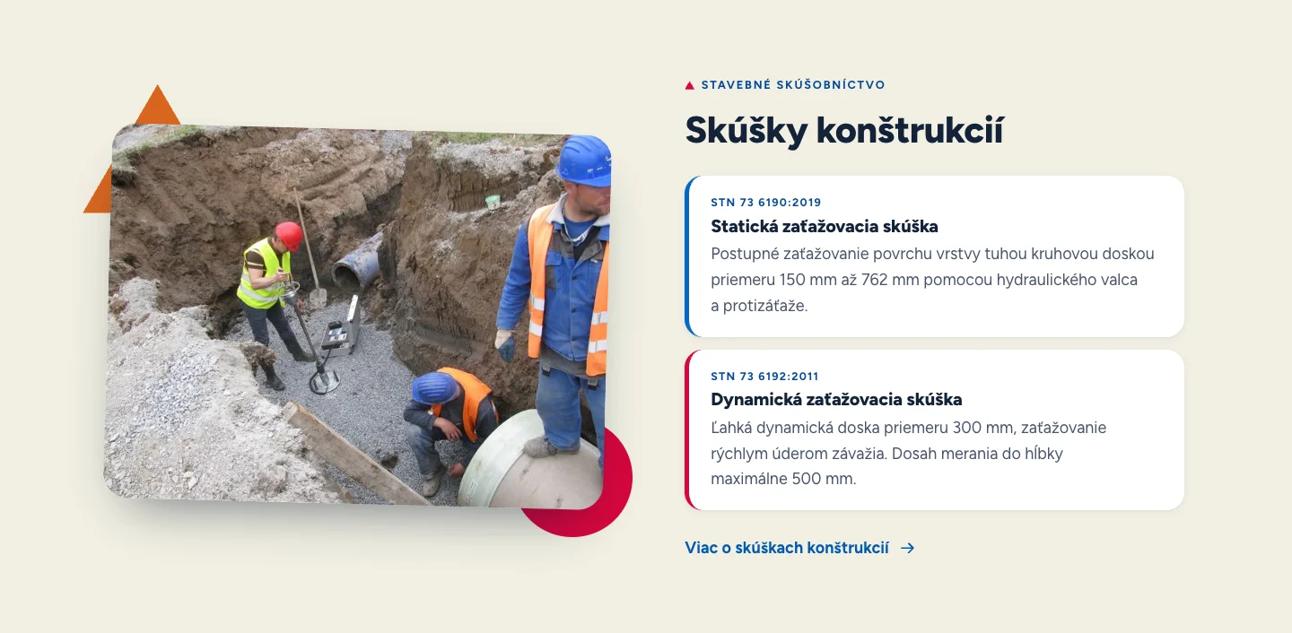 Homepage section introducing the two plate load tests next to a site photo