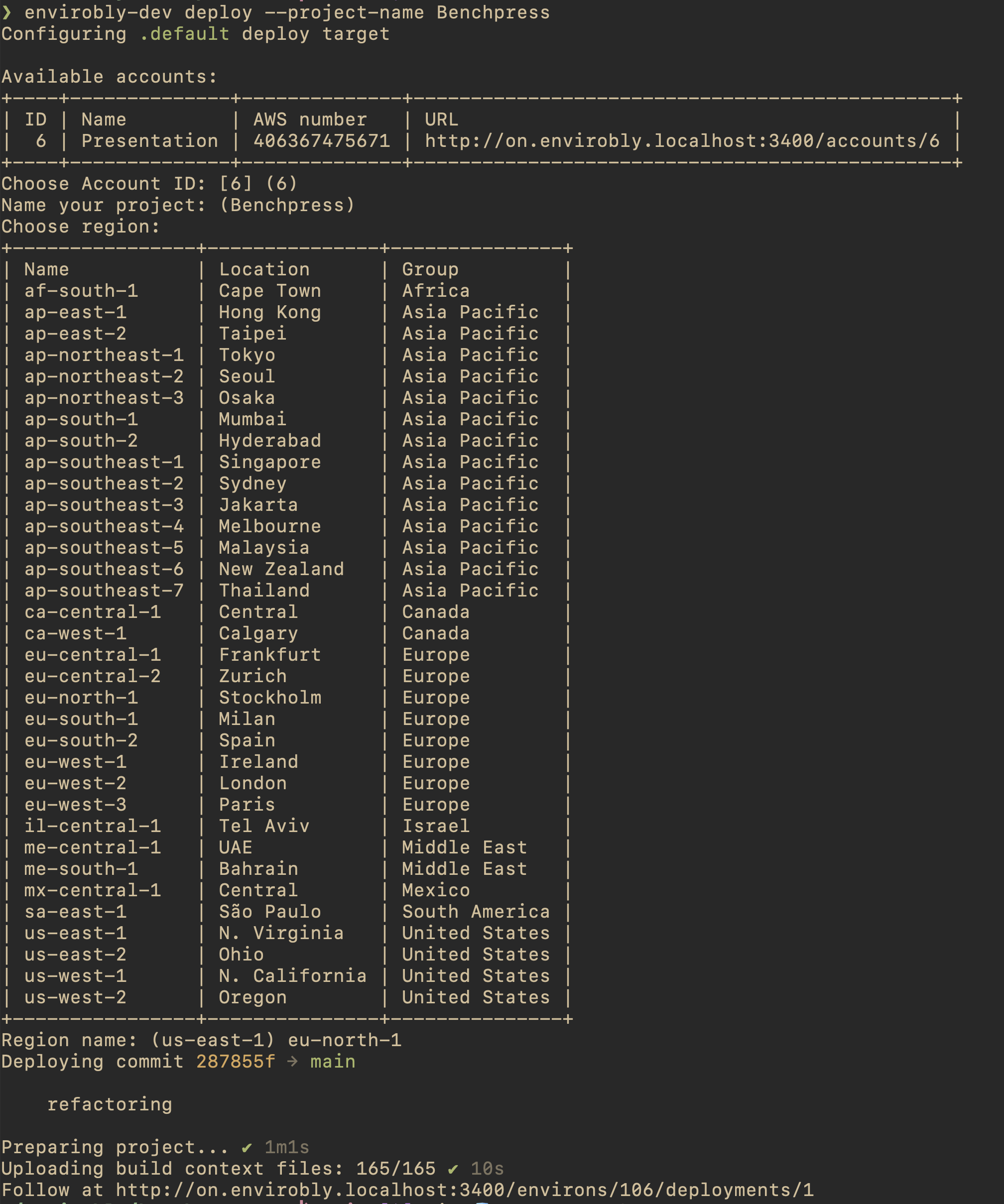 CLI deploy command output