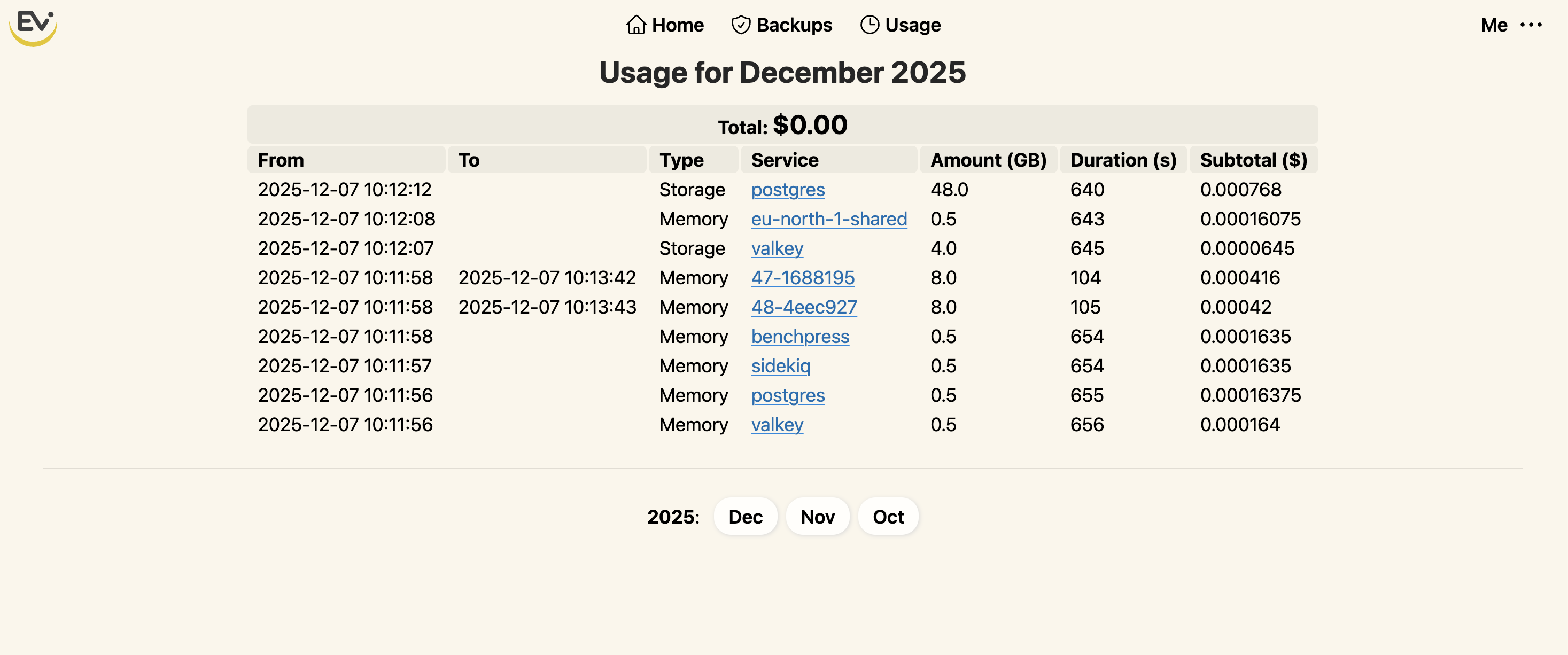 Usage snapshots for a service