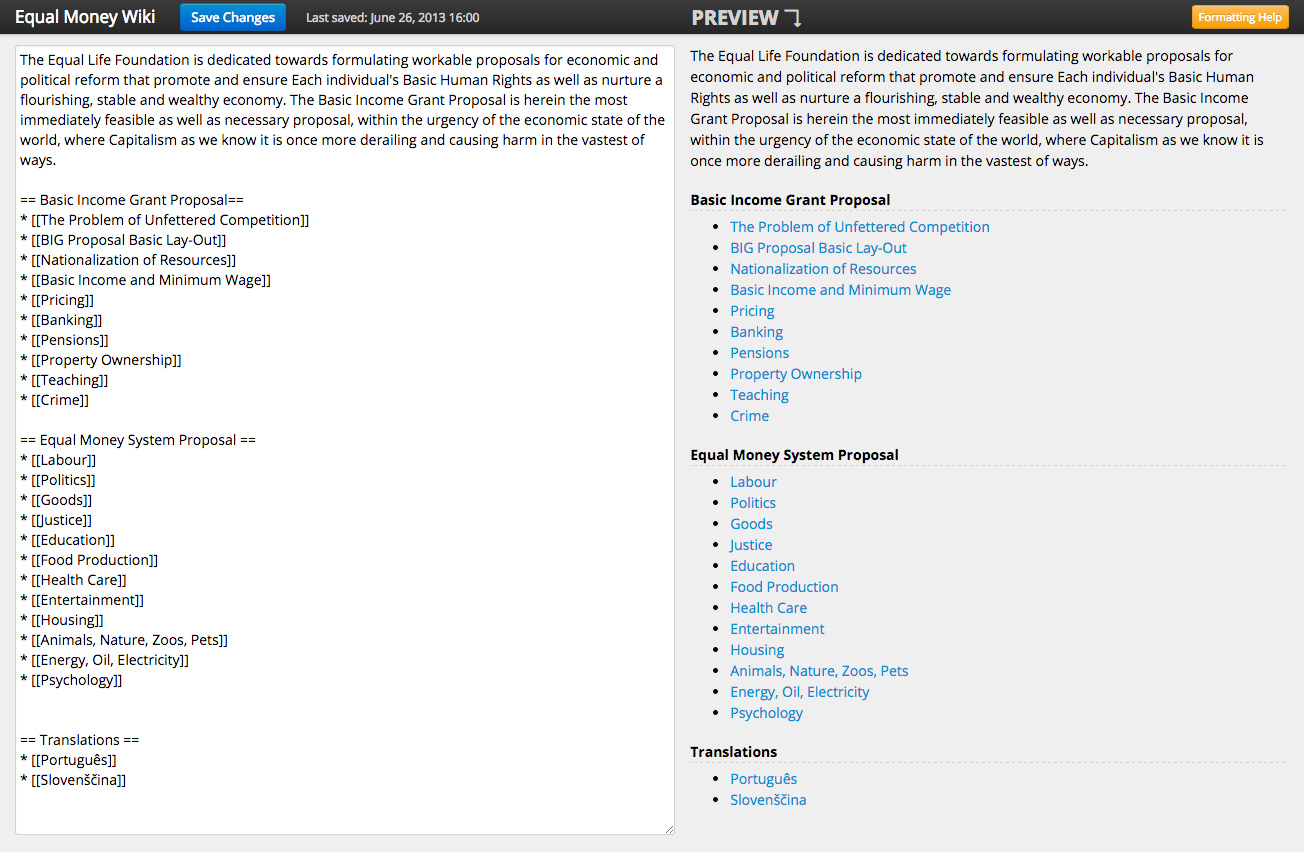 The Wiki editor is custom build, features live side-by-side preview and formatting help.